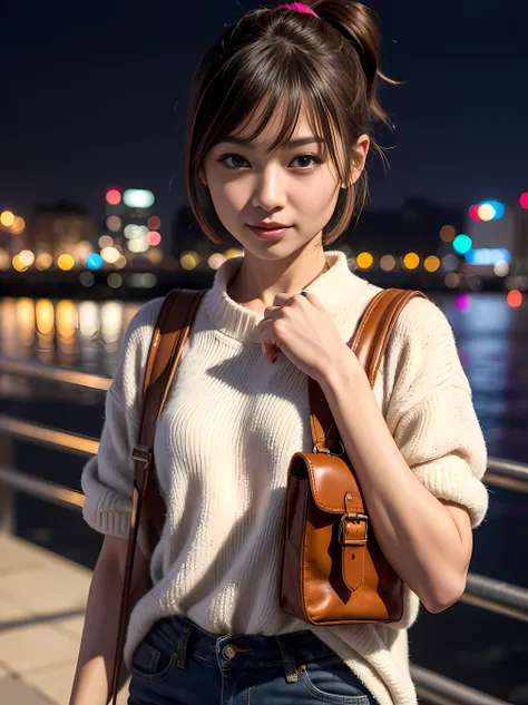 14 years old, small breasts, winter, european cityscape, night, outdoors, wearing a long coat, wearing jeans, close up of face, ((8k, RAW photo, highest quality, debris flies:1.2), (reality, reality的な:1.4), (Highly detailed 8k wallpaper), soft light, Detai...