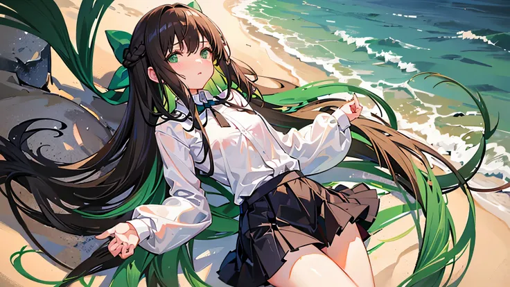 Brunette Girl, shyุ 25 ปี,  fit, light green eyes, long hair,Green braid tied in bows left and right..........small breasts, Wear a white shirt.......wet, Wear a black miniskirt....... From America...,(shy).....The background is a sandy beach..... Picture ...