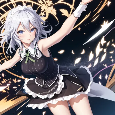 vibrant, mesmerizing, sakuya izayoi, maid dress, white apron, short skirt, sexy pose, flying knive, holding knife, sleeveless outfit, detailed face, detailed eyes, 