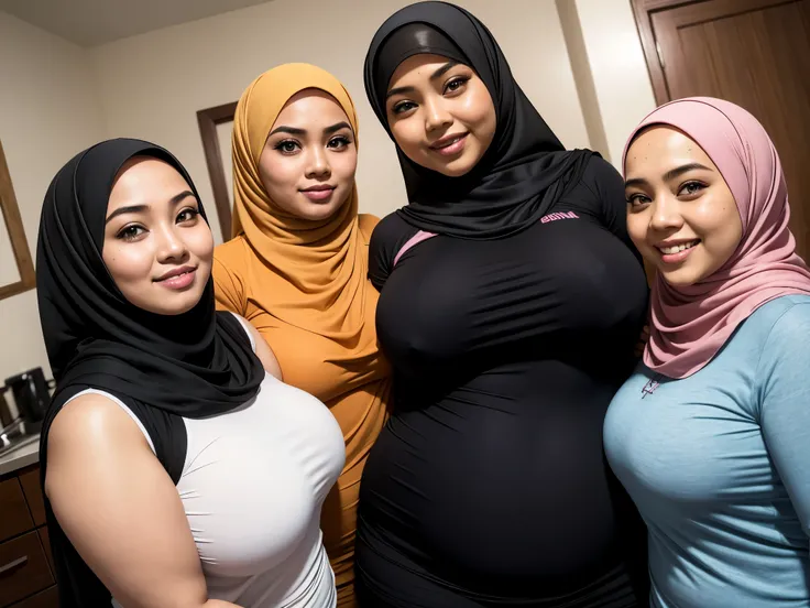 3 people Hijab girl, Indonesian beautiful girl, malaysia girl,  bbw body chubby, with huge large massive size , tight shirt, smiling, blushing, in 