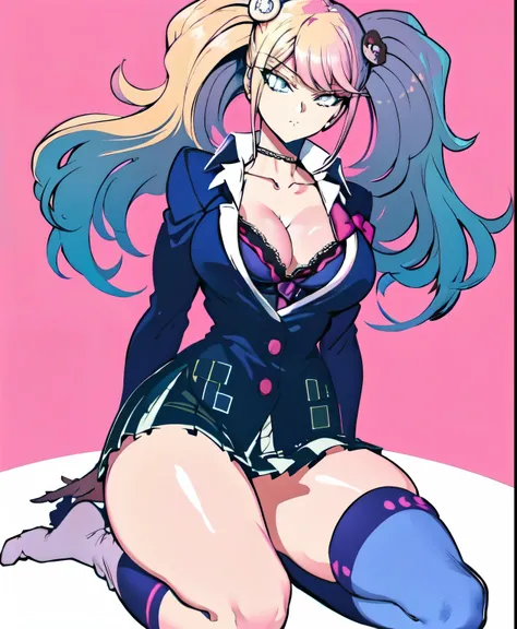 masterpiece, highly best quality, High_resolution, Fine details, an extremely detailed and beautiful, Distinct_image, 1 girl, , Blue-haired,red-eyed, (gigant breasts), (titts),Curve,Full body,a blond、Pink eyes、Student uniforms、Thigh Socks、pink Bras