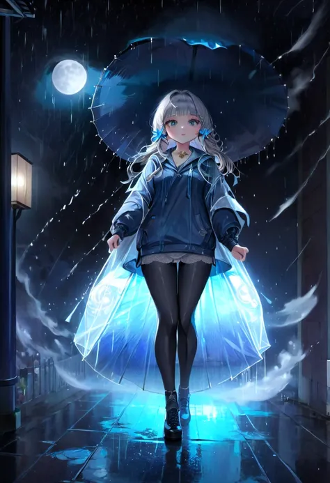 On the rainy playground, the girl hit the umbrella above her head, and held an umbrella in her other hand, blue denim leggings, masterpiece superb night moon full moon 1 female mature woman, Chinese sister royal sister cold face showing silver white long h...