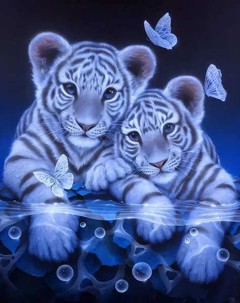 painting of two white tigres with butterflies in the background, beautiful detailed animals, tigres, lisa parker, 240p, par lisa...