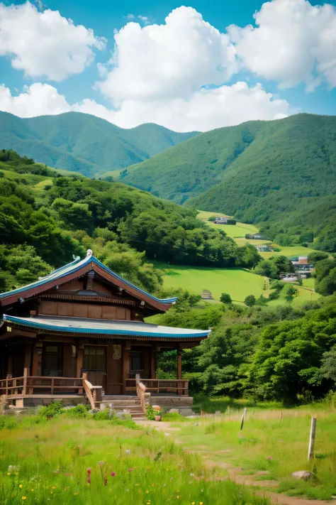 家や神社が見える田園風景の写真there is.。Anime style rural landscape。anime movie scenery。look up at the sky、there is 。