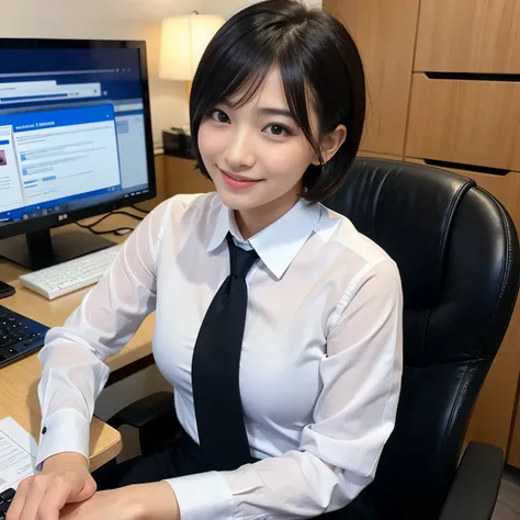 Best-quality, Masterpiece, Ultra-High-Resolution, (Photorealistic:1.4), Raw-Photo, at midnight, in office, 1girl, 15-years-old, the most famous Japanese idol, sitting on business-chair, innocent-smile, (extremely cute face like the most popular Japanese id...