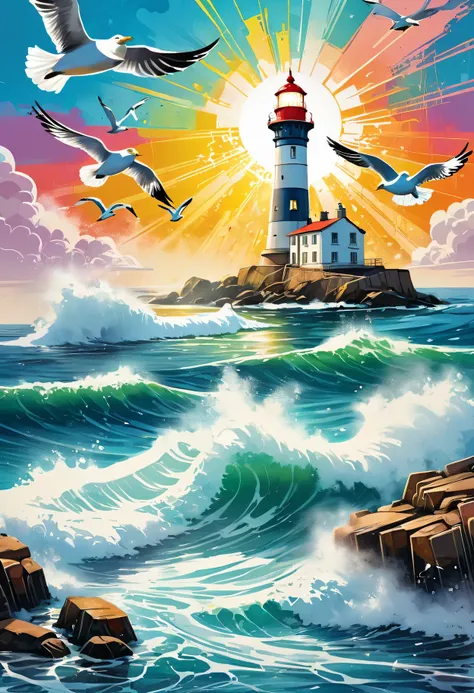 best quality,high resolution,(actual:1.37),graffiti style:lighthouse,Graffiti on lighthouse,Collage,painterly,Impressionism,roughly,Abstract,light and shadow,Artistic medium, bright colors, Detailed doodle design,Sketch-like texture,seamless integration of...