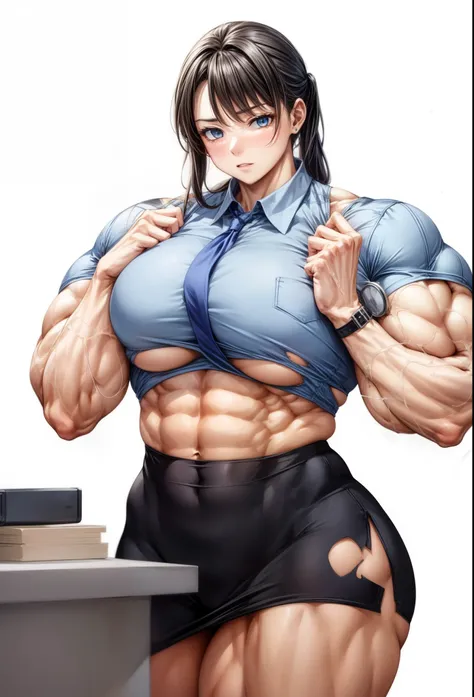 best quality,girl, biceps, muscular ,alternate muscle size,,muscular thighs,office lady ,pecs,black hair, worried, abs, thick arms,, broad shoulders, torn clothes,office,