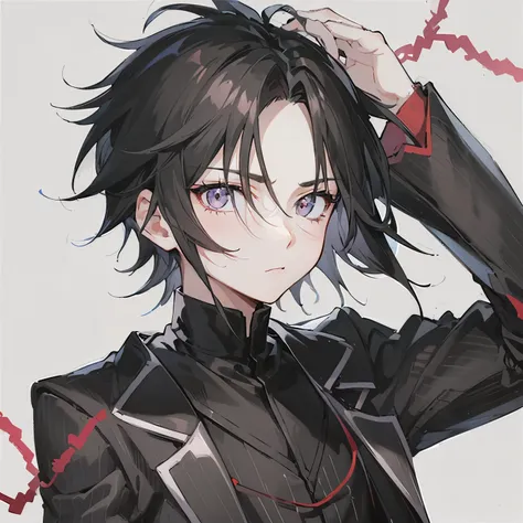 1boy, anime, short_black_hair, black_eyes, symmetrical_bangs, clean_forehead, gray_and_red_pinstripe_coat, close_up, white_background, looking_at_viewer