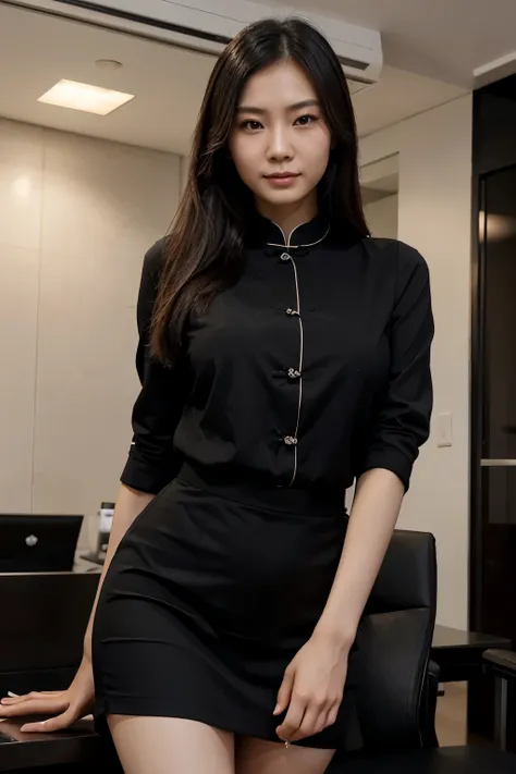 A Chinese female programmer，Beautiful and elegant，Wearing black business attire，tall figure，fair skin，Have deep dimples，Its hard work