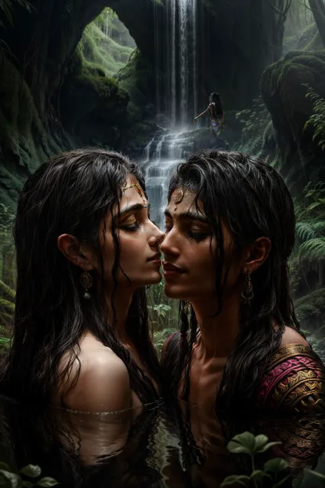 in the heart of a breathtaking jungle, a realistic portrait emerges of lord shiva and goddess parvati, deeply engrossed in each ...