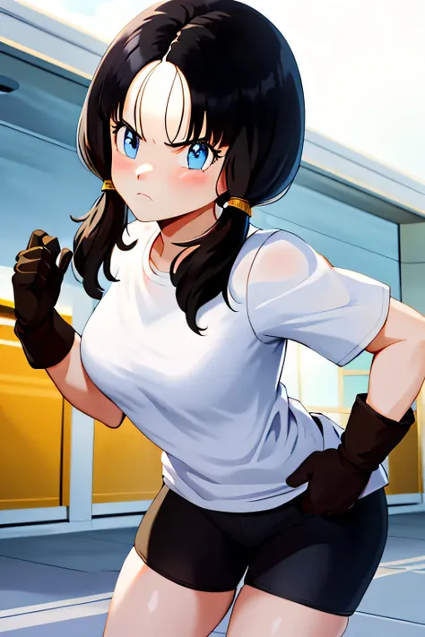 masterpiece, highest quality, High resolution, saw 2, alone, blue eyes, black hair, twin tails, black gloves, bicycle_shorts, bangs, white shirt, badge, medium breasts, cowboy shot, frown, put your hands on your hips, leaning forward,