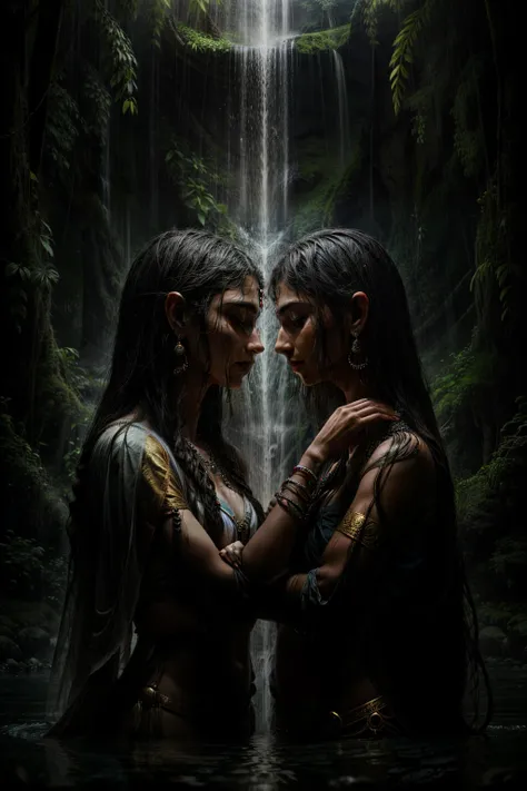 in the heart of a breathtaking jungle, a realistic portrait emerges of lord shiva and goddess parvati, deeply engrossed in each ...