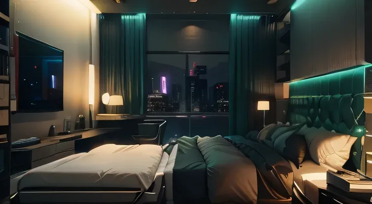 a view of a bedroom with a bed, desk, and a television, cyberpunk bedroom at night, beautiful and cinematic lighting, cinematic accent lighting, 8k octane unreal render, cyberpunk apartment, neo - noir setting, dimly lit bedroom, the cyberpunk apartment, d...