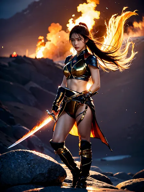 Subject description：A female warrior stands on the top of a mountain，Holding a shining sword，Behind it  a roaring flame。

Image quality：high definition，Rich in detailull color。

Ambient lighting：sunset，The golden sunshine shines on the female warrior，Creat...