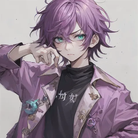 1boy, anime, messy_indigo_hair, magenta_jacket, sea_green_eyes, white_background, irritated, looking_at_viewer