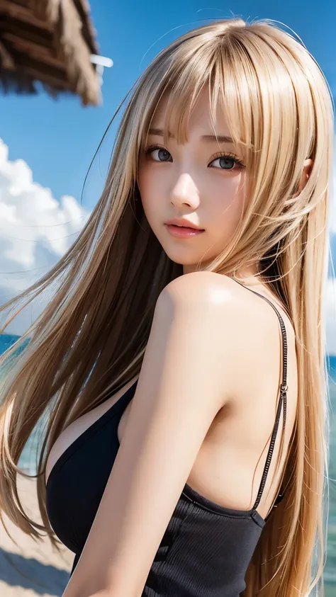 sexy big breasts、15 year old beautiful girl sexy cute looks and cute, beautiful and sexy face、The strong wind blows the hair in front of my face、Beautiful long metallic blonde straight hair with beautiful cute and sexy eyes hidden in her long bangs