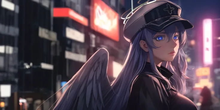 esdeath, breasts, long hair, blue hair, blue eyes, hat, solo, very long hair, peaked cap, anime girl with angel wings and halo i...