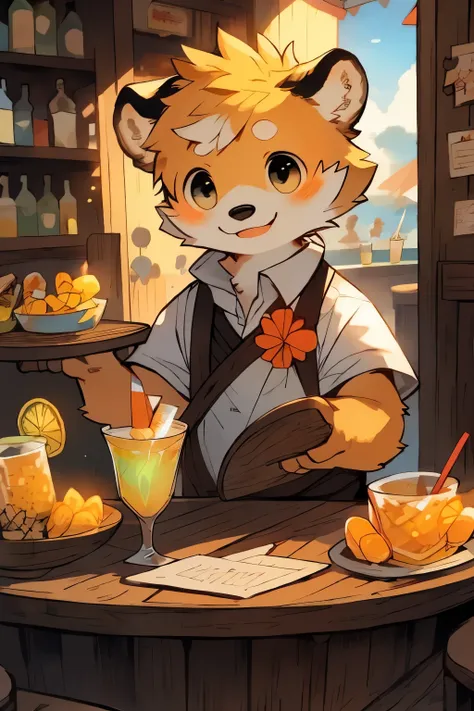 big watery eyes,Warm island atmosphere,More soft details and shadow corgi waiter:1.1),A large glass of ice lemonade,inside the spanish bar. spanish bar，There is a wooden counter on the left, There&#39;s an open door in the back, And the scenery of the Span...