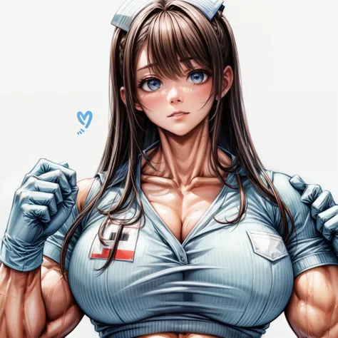 best quality,girl, biceps, muscular ,alternate muscle size,,nurse ,pecs,, worried, abs, thick arms,, broad shoulders, 