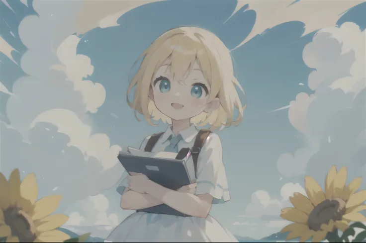 masterpiece, best quality, Lovely, kawaii, 1 girl, alone, blonde hair, aqua eyes, Smile, sunny, cloudy sky,