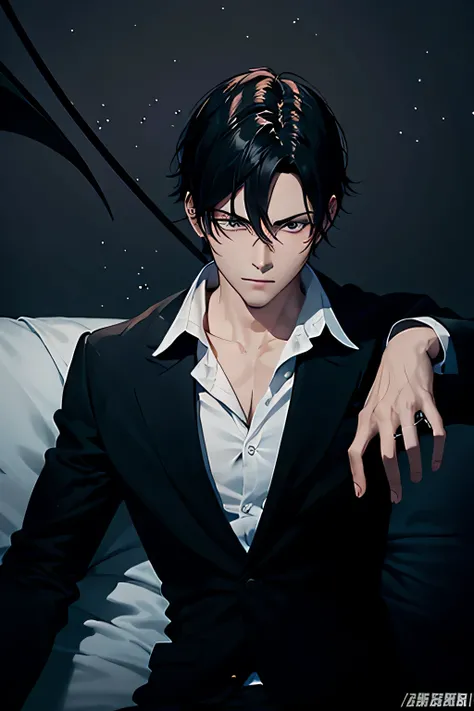 comic style，Flat coating，classical painting methods，line strokes，dangerous，suit，shirt，hand with veins，Put the ring on your hand，gaze，Handsome，vampire，youthful face，年轻Handsome的男人