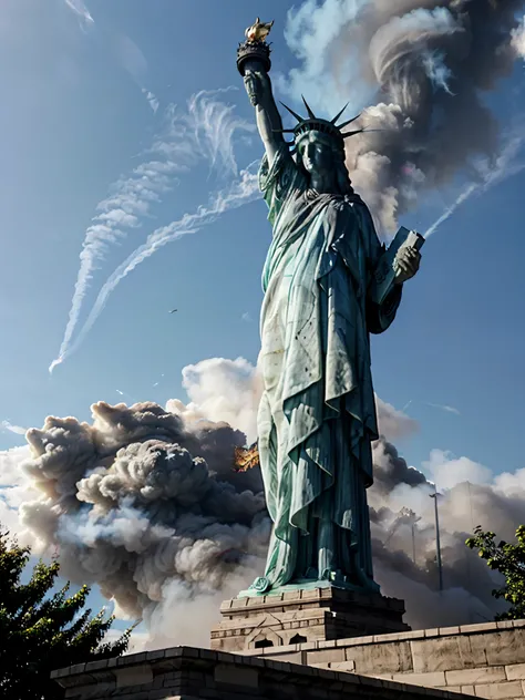 lady-liberty, front view, a statue of liberty is shown against a cloudy blue sky. ((lady-liberty in flames)). ((lady-liberty burns)). clouds, broken arms, basement of stones demolished in flames, water, Liberty Island, trees in fire, burning around, smoke,...