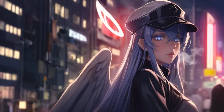 esdeath, breasts, long hair, blue hair, blue eyes, hat, solo, very long hair, peaked cap, anime girl with angel wings and halo i...