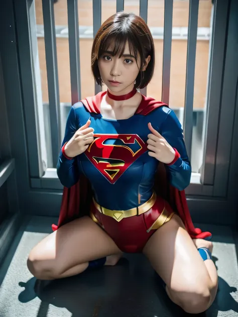 masterpiece、supergirl costume、short hair、barefoot、big and full breasts、shame、crisis situation、prison、in a cage、sense of abuse、kn...