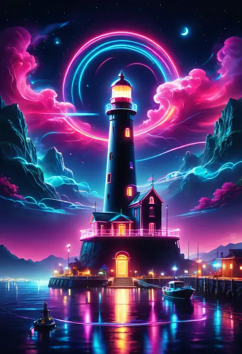 the aesthetics of vaporwave,landscape painting,lighthouse colored in neon colors,port town,marina,boat,moon,star,cloud,aurora,be...