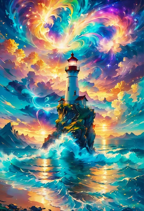 lighthouse landscape painting,(masterpiece, highest quality:1.2),effect,get used to it,magic effect,light,すごくlight, artistic, ar...