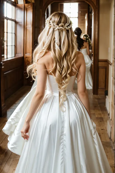 highlighting long white curly hair model standing back wearing wedding dress.