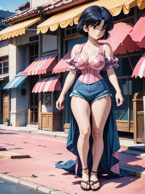 Anime girl with dark bluish hair in denim shorts and a pink corset, 16 years old, beautiful body, big breasts, with her hands on her waist, hands in her hair, Sexy girl, bluish hair, side strands of hair with a pink bow, strands of hair with a bow on the s...