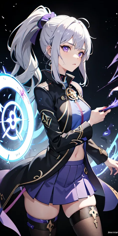 1 girl, ponytail ,gray hair, purple eyes, magic circle, blue fire, blue flame, wallpaper, landscape, Blood, Blood splatter, Depth of the bounds written, night, particles of light, light, side light, thighs, destiny (series), genshin impact, ****, open jack...