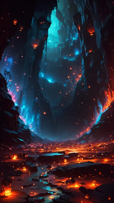 There is a cave，There are many fireflies inside, Beautiful fantasy cave scene, mythical gigantic space cavern, 4k highly detailed digital art, epic fantasy landscape, Unreal Engine Fantasy Art, 8K Stunning Artwork, magical cave, Detailed fantasy digital ar...