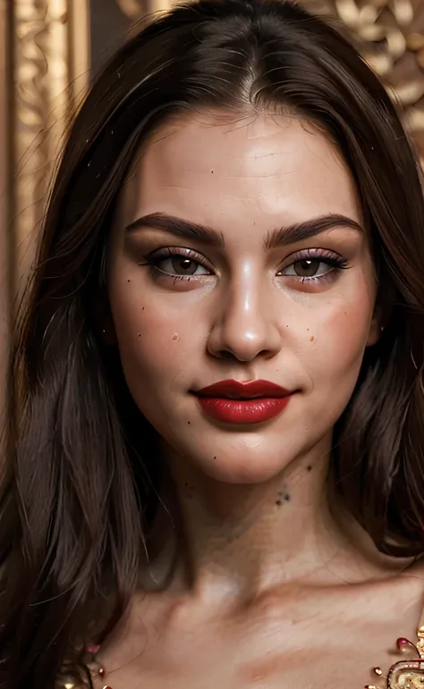 (masterpiece), (extremely intricate:1.3), (realistic), a close up of a woman, most beautiful woman, pouty lips, focus on lips, dark red lips, face close up, calm look, calm but dominating look, smile, close up face, dark lips, face, smiling, most beautiful...