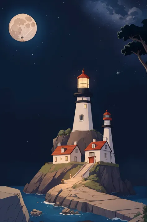 high quality, cartoon, lighthouse, night, stars, moon, rock, bridge