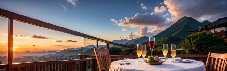 64k, Hmm, highest quality, masterpiece: 1.2), (realistic, photorealistic: 1.37), Spectacular view of the sunset sky and clouds、Amazing mountain views、Japanese sake、Sake Glass、Japanese food、Kappo cuisine、Superior hotel、dinner、hot spring inn、table、Champagne、...