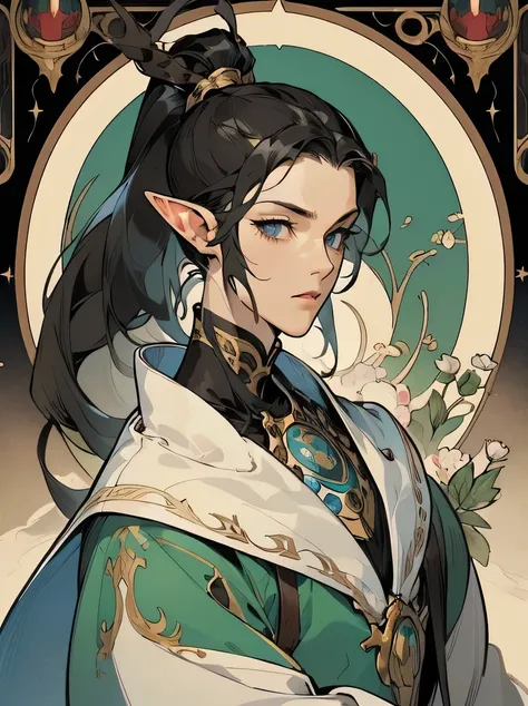 ((masterpiece、highest quality、Super detailed、High resolution、sharp focus、cinematic lighting))、((1 female、bust shot))、Portrait of a beautiful female elf 、tarot cards、40 years old、focus from the chest up、elaborately patterned cloth cloak、Textured black leath...