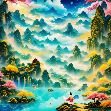 super detailed，chinese ink style，chinese dream landscape，fairy tale world, fairyland paradise, big tree, golden beam, fantasy cr...