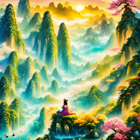 super detailed，chinese ink style，chinese dream landscape，fairy tale world, fairyland paradise, big tree, golden beam, fantasy cr...