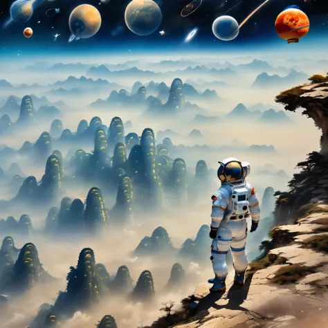 super detailed，chinese ink style，chinese dream landscape，(distant planetary sky，一个穿着未来尖端技术制成的蓝色space suit，mars climbing cliff cl...