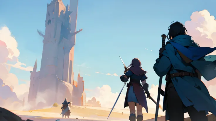 Inciting composition,men and women,3 people,Hand up,back view,Adventurers raising swords and staffs towards the sky,4 people,fantasy,armor