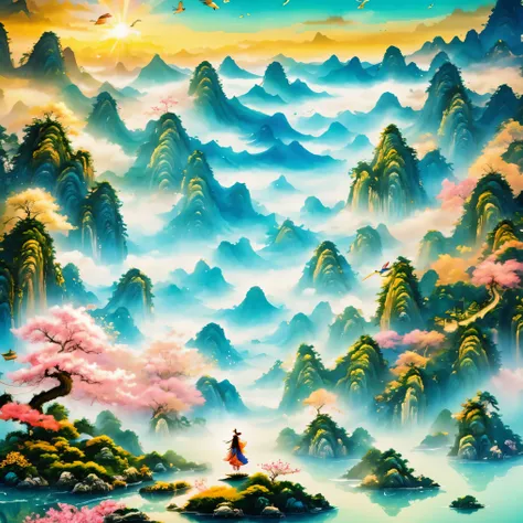 super detailed，chinese ink style，chinese dream landscape，fairy tale world, fairyland paradise, big tree, golden beam, fantasy cr...