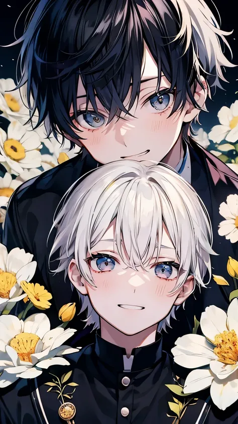 very detailed, ((two friendly men)), perfect face, beautiful face, very detailed顔，(black haired man:1.3)，(white haired man:1.3)，Ruffled shirt，smile，flower