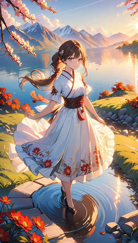 1 girl, Calm expression, charming eyes, Long straight hair, flowing skirt, poised posture, porcelain skin, subtle blush, Crystal PendantBREAK Golden Hour, (edge lighting):1.2, Warm colors, solar flare, Soft shadows, bright colors, Effect, Dreamy atmosphere...