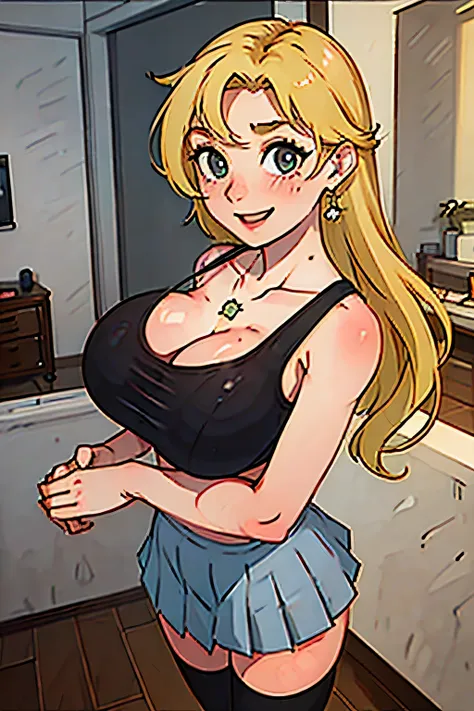 1girl,((school uniform)), ginormous breasts, cleavage, short blonde hair blush,light smile, standing inside bathroom, aroused, necklace, earrings, full body, ginormous breasts, cleavage, long curly hair, tank top, superb, ultra-high-definition, RAW photo, ...