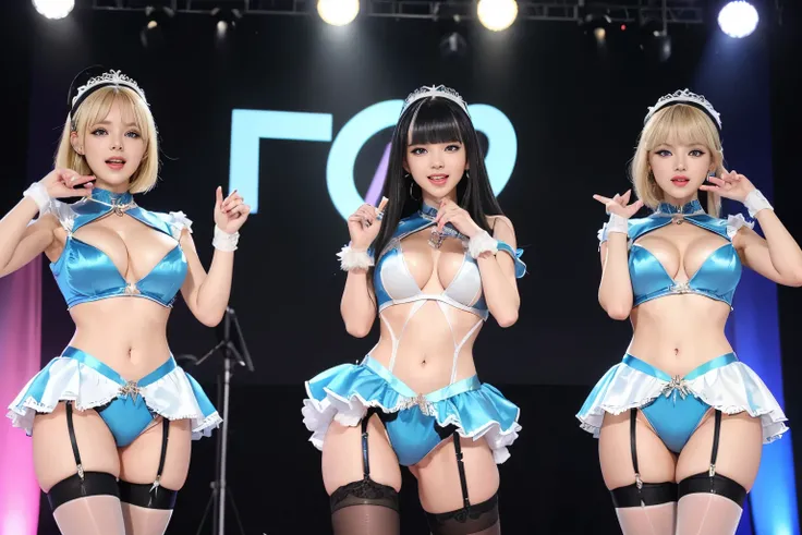 3-member girl group、Light pop music group、Very high resolution、Ultra high picture quality、16K、Wonderful expression with attention to detail、beautiful face, idols, BIG BREASTS, light blue eyes, All have STRAIGHT BOB CUT blonde hair, ((cute satin costume, co...