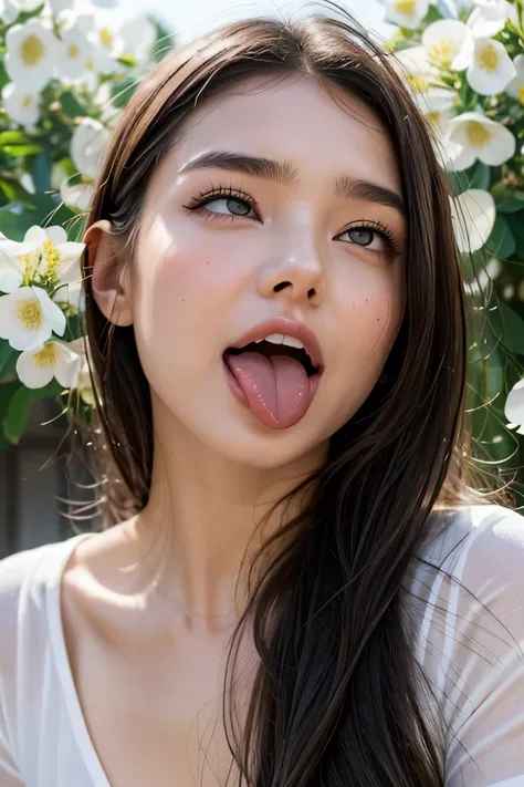 Miranda Kerr、1 girl,debris flies,,award winning photos, very detailed, focus the eyes clearly, nose and mouth,face focus, super close up of face、woman with open mouth and closed eyes,20-year-old,black hair、symmetrical face,realistic nostrils、angle from bel...