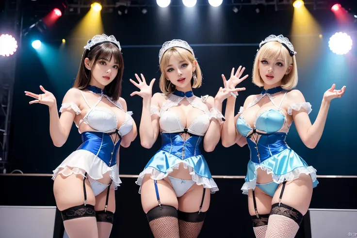 3-member girl group、Light pop music group、Very high resolution、Ultra high picture quality、16K、Wonderful expression with attention to detail、beautiful face, idols, BIG BREASTS, light blue eyes, All have STRAIGHT BOB CUT blonde hair, ((cute satin costume, la...