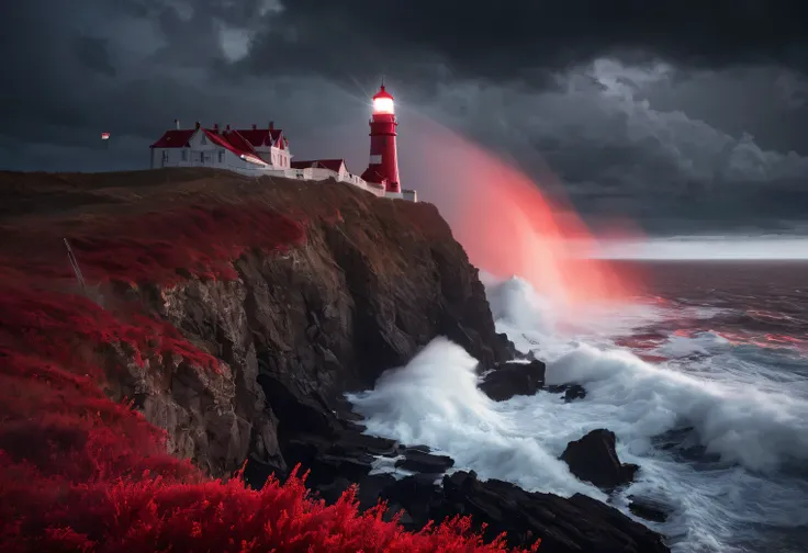 red art, Realistic painting in red tones., (fog:1.2), (the wind carries sea spray and foam:1.7), the dark a stormy sky is illuminated by the red light of the lighthouse, Double exposure effect, (1 Lighthouse on the edge of a cliff:1.5 glows red:1.3505), se...